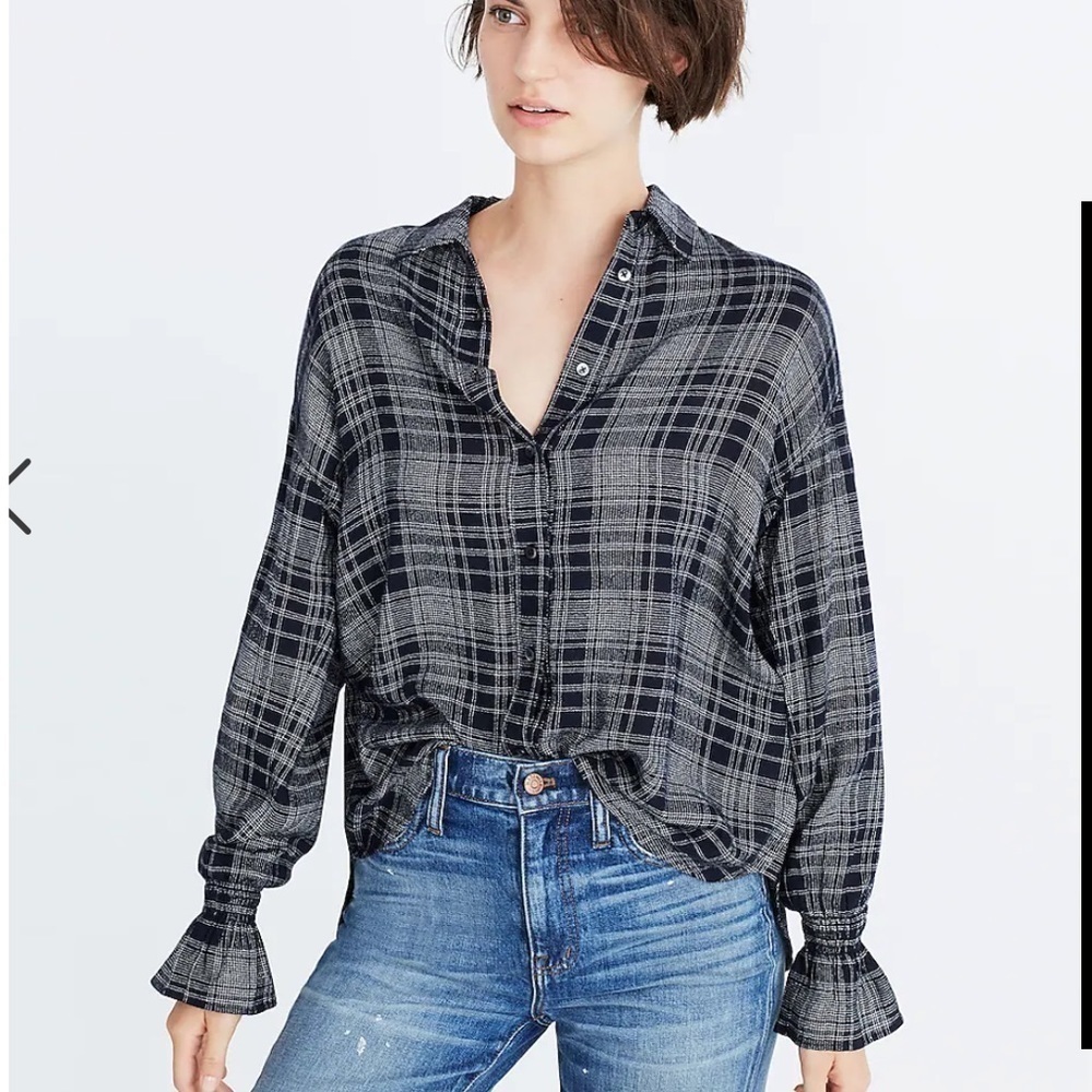 Madewell Westward navy white plaid Bell-Sleeve button down hi-low Shirt G7430